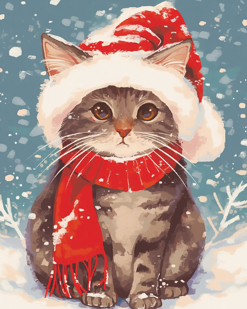 Cat with Red Hat and Scarf in Snow Diamond Painting