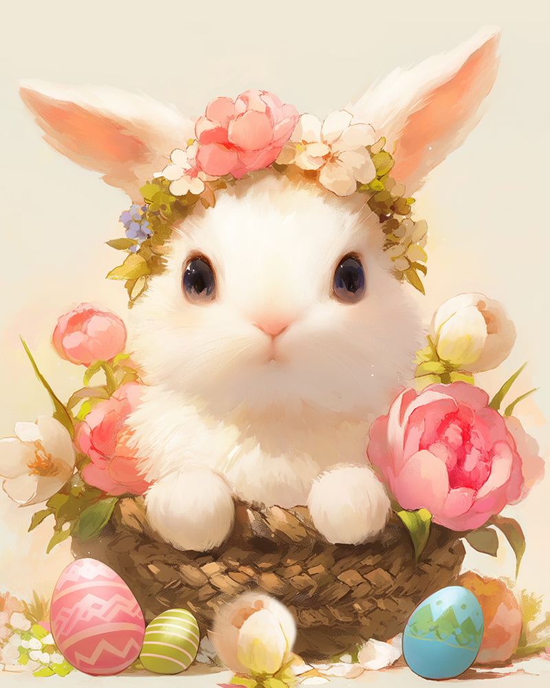 White Bunny with Flowers Diamond Painting