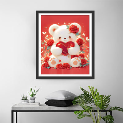 Cartoon White Bear Holding a Red Heart Diamond Painting