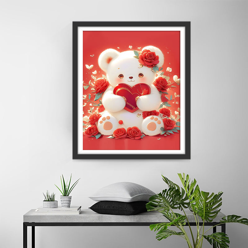 Cartoon White Bear Holding a Red Heart Diamond Painting