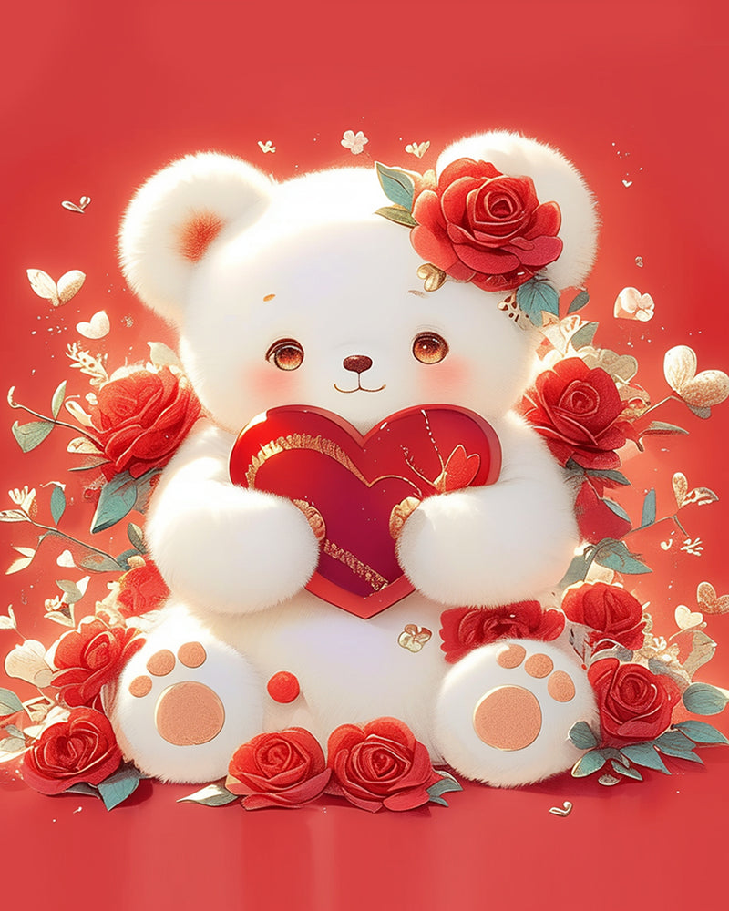 Cartoon White Bear Holding a Red Heart Diamond Painting