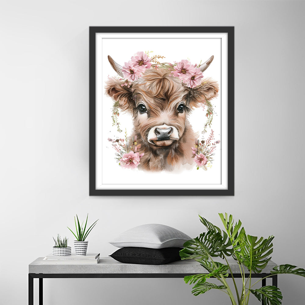 Highland Cow with Pink Flowers Diamond Painting