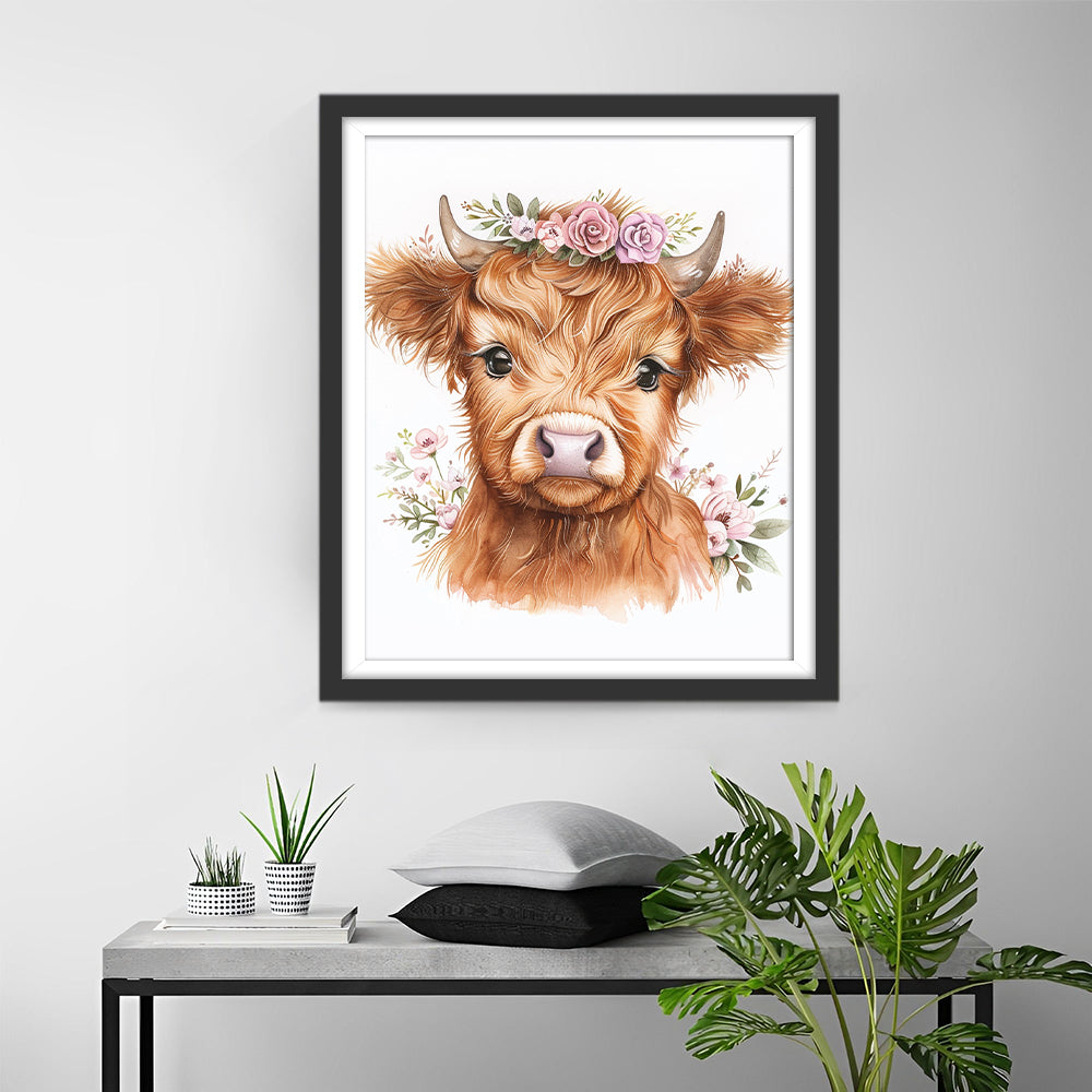 Highland Cow with Pink Flowers Diamond Painting