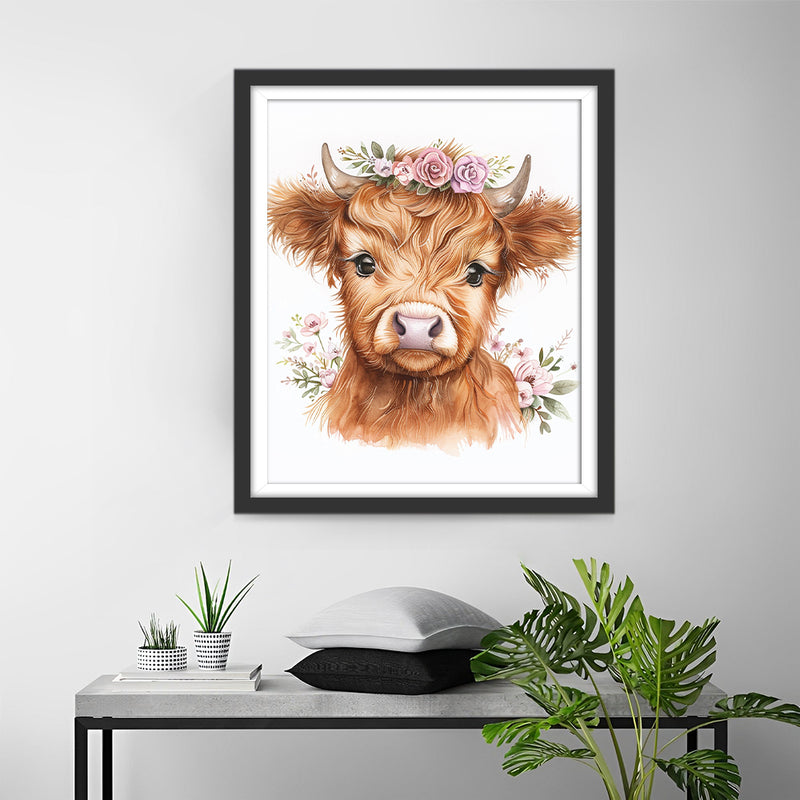 Highland Cow with Pink Flowers Diamond Painting