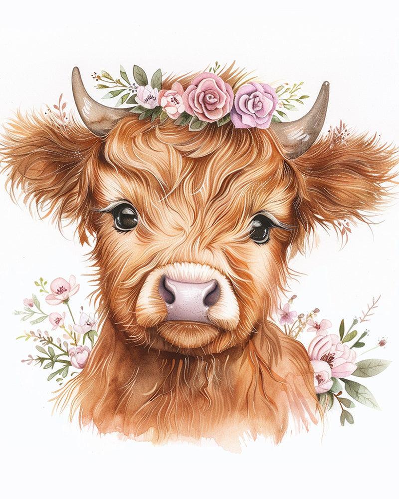 Highland Cow with Pink Flowers Diamond Painting