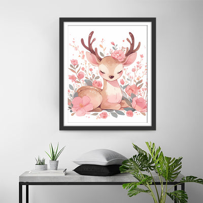 Cartoon Deer and Pink Flowers Diamond Painting