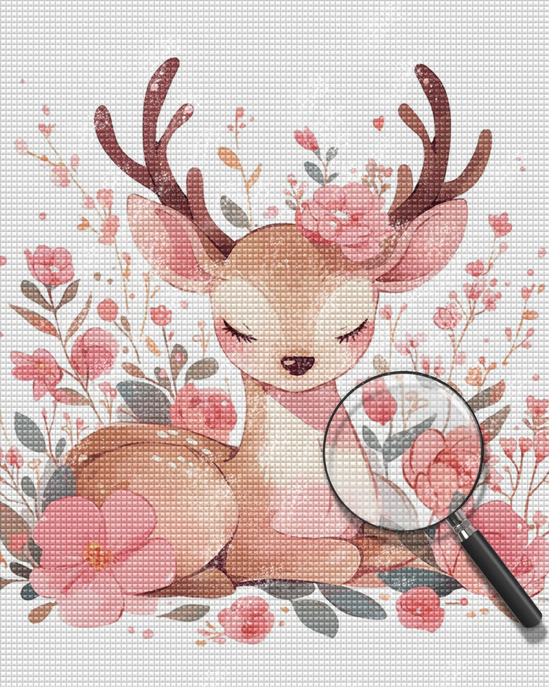 Cartoon Deer and Pink Flowers Diamond Painting