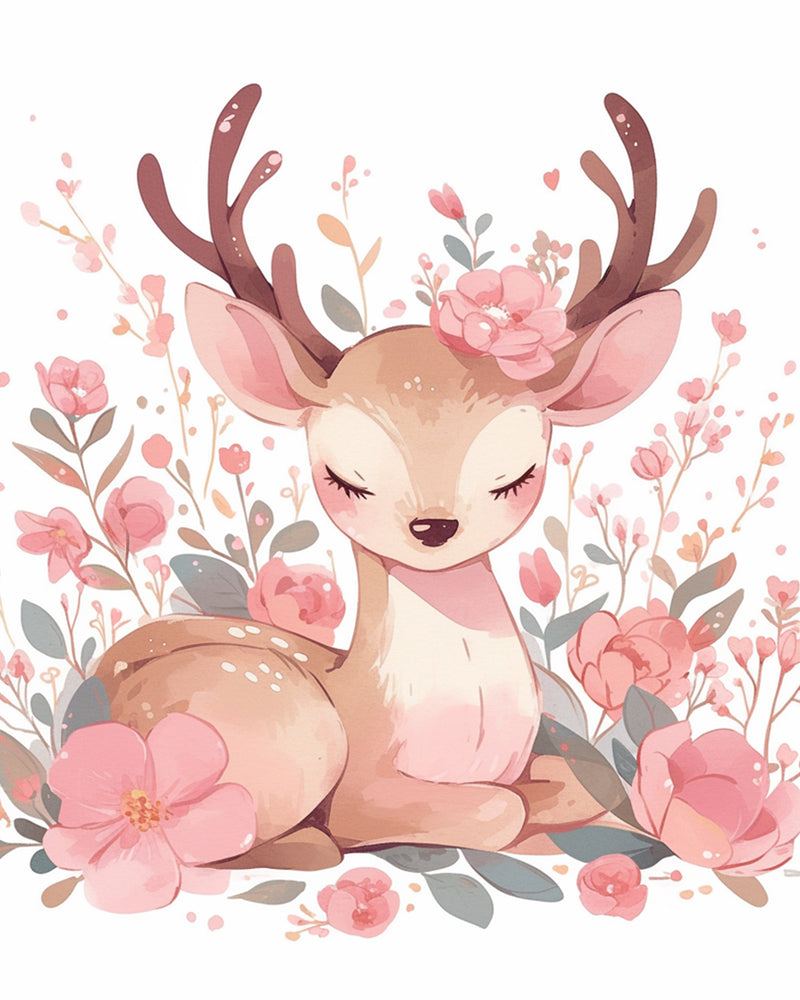 Cartoon Deer and Pink Flowers Diamond Painting