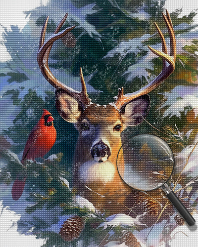 Elk and Red Bird in the Snow Diamond Painting