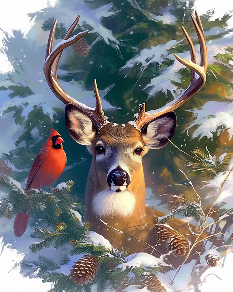 Elk and Red Bird in the Snow Diamond Painting