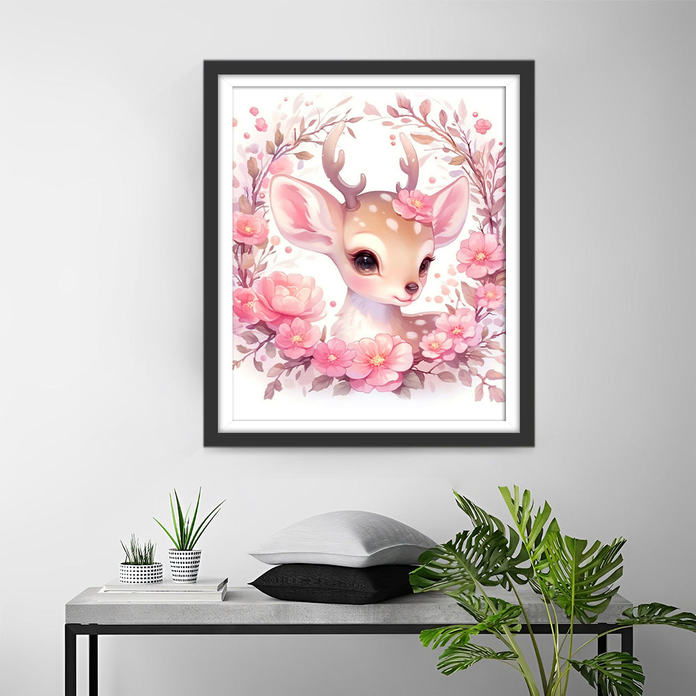 Deer Surrounded by Pink Flowers Diamond Painting