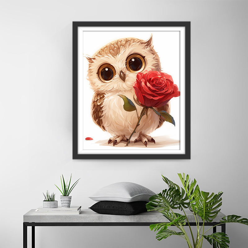 Owl with Red Rose Diamond Painting