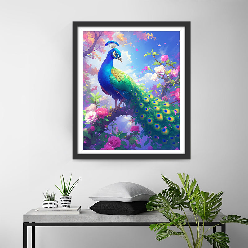 Peacock Surrounded by Flowers Diamond Painting