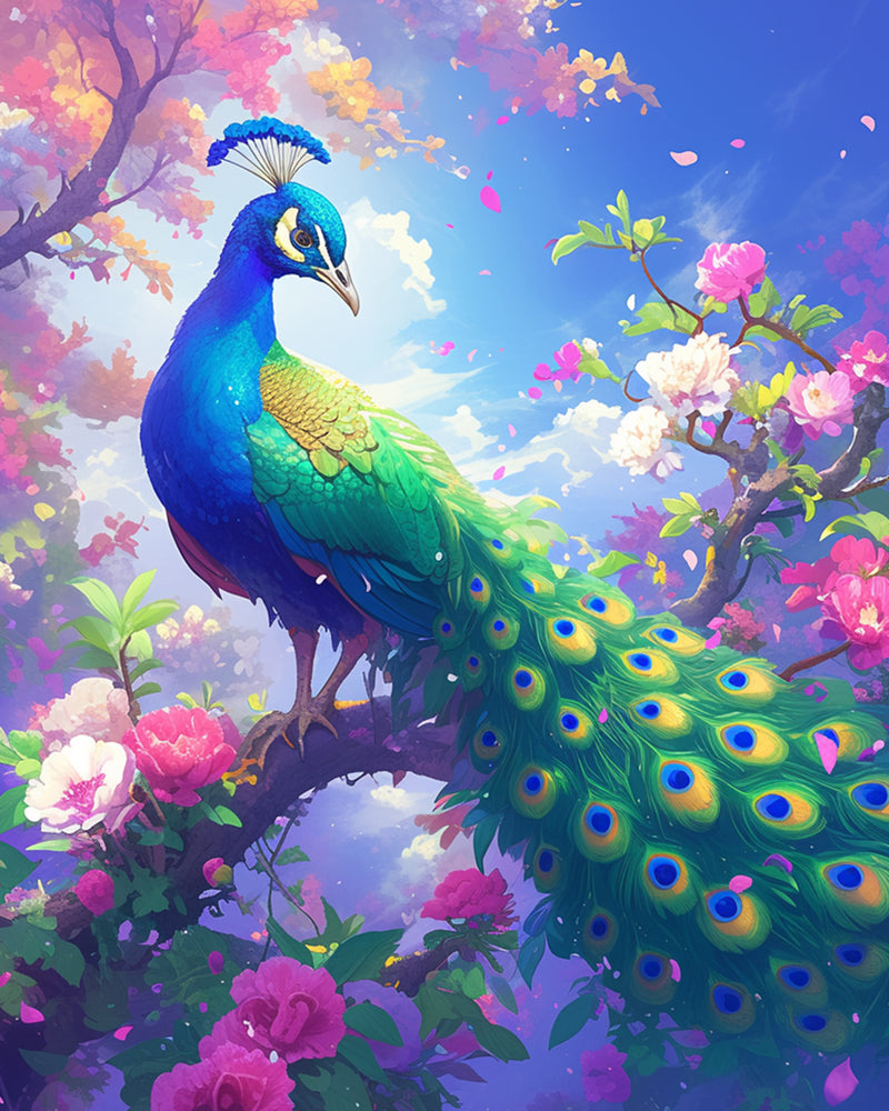 Peacock Surrounded by Flowers Diamond Painting