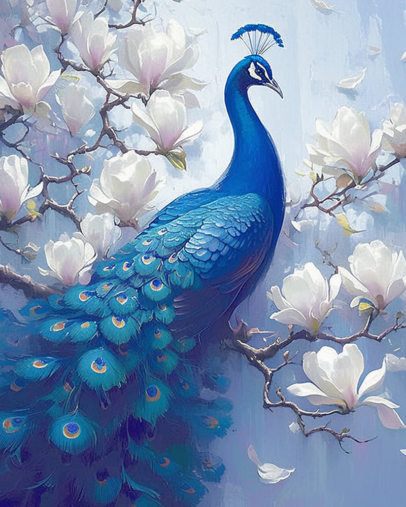 Peacock and White Magnolia Diamond Painting