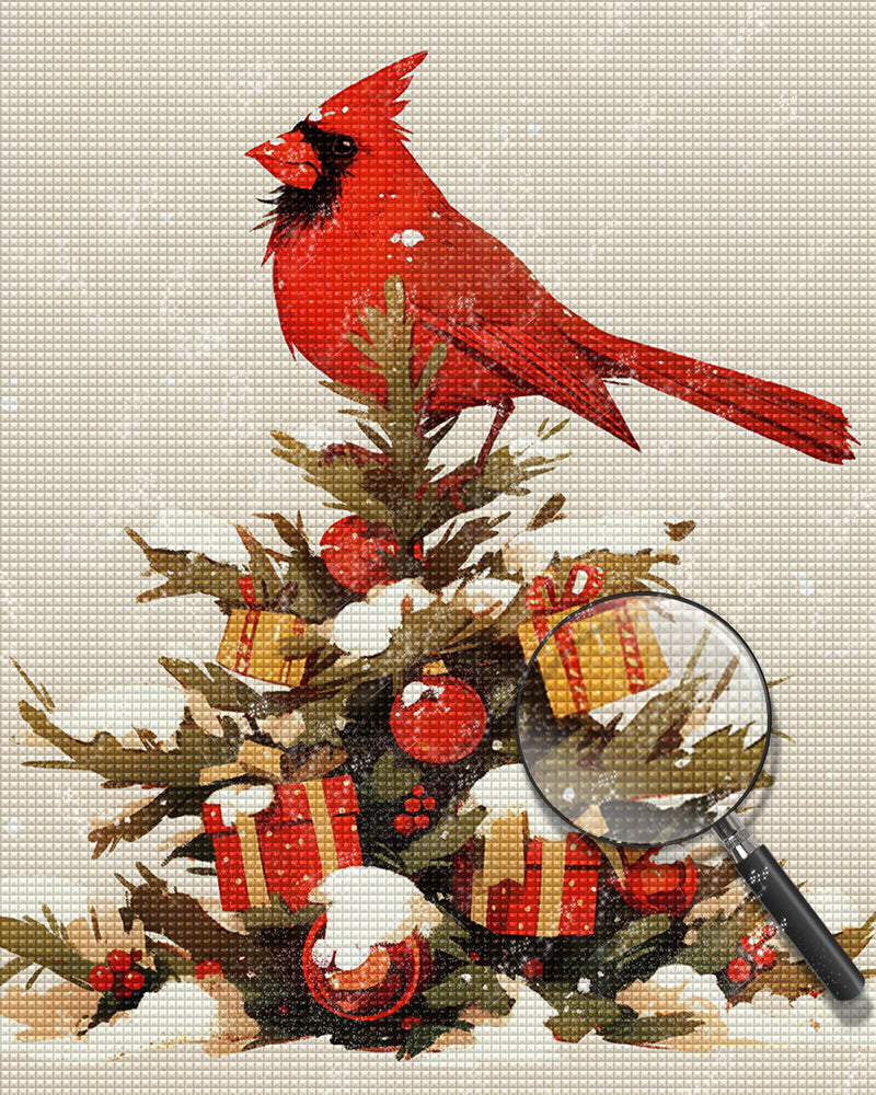 Red Bird on the Christmas Tree Diamond Painting