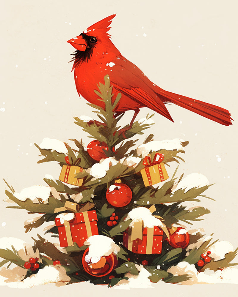 Red Bird on the Christmas Tree Diamond Painting