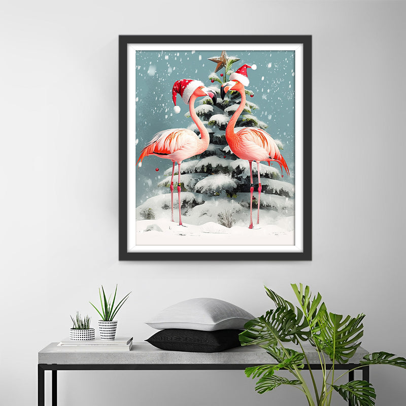 Flamingos and Christmas Tree in Snow Diamond Painting