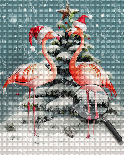 Flamingos and Christmas Tree in Snow Diamond Painting