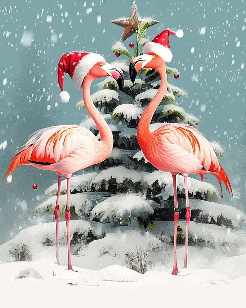 Flamingos and Christmas Tree in Snow Diamond Painting