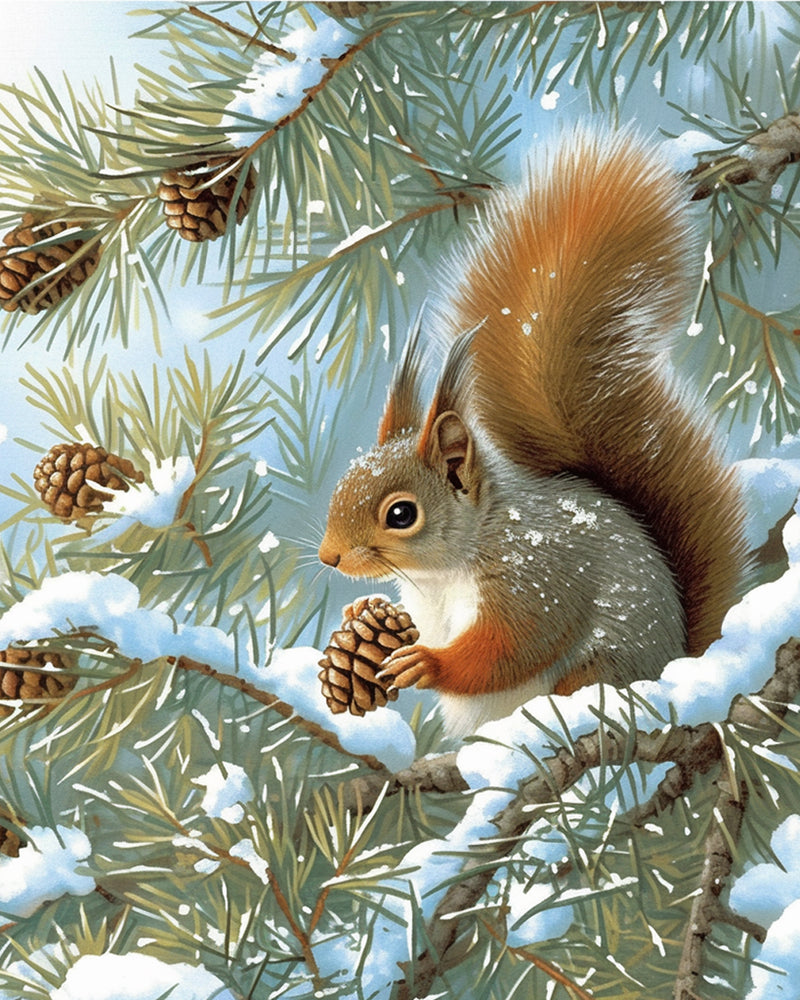 Squirrel on the Snowy Tree Diamond Painting