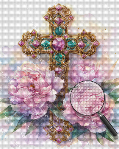 Cross with Peonies Diamond Painting