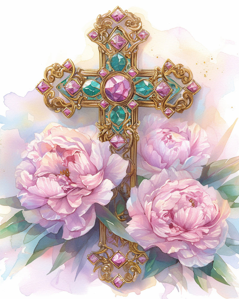 Cross with Peonies Diamond Painting