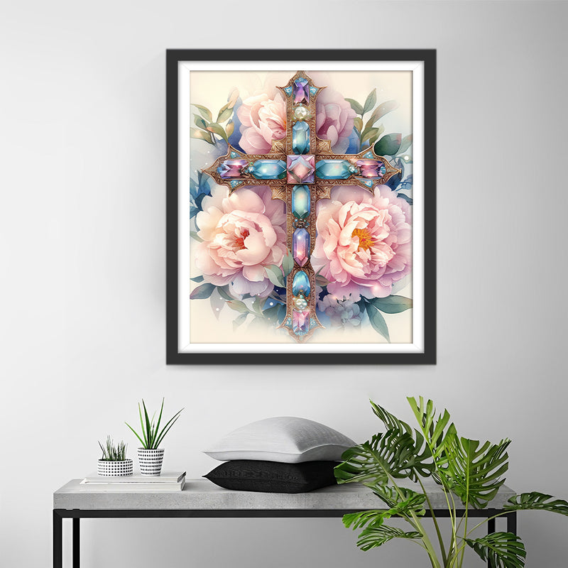 Cross and Pink Flowers Diamond Painting