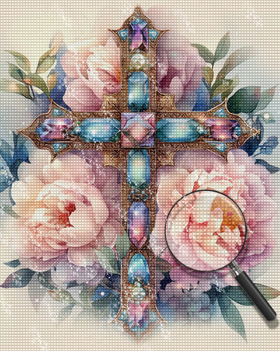 Cross and Pink Flowers Diamond Painting