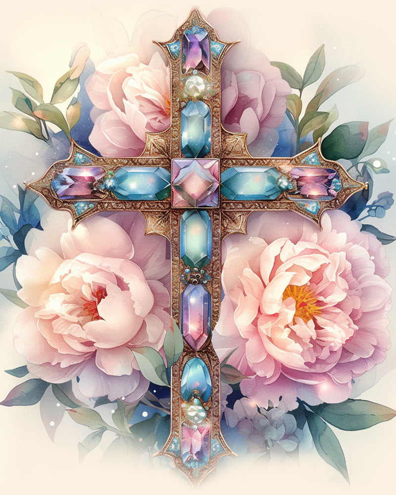 Cross and Pink Flowers Diamond Painting