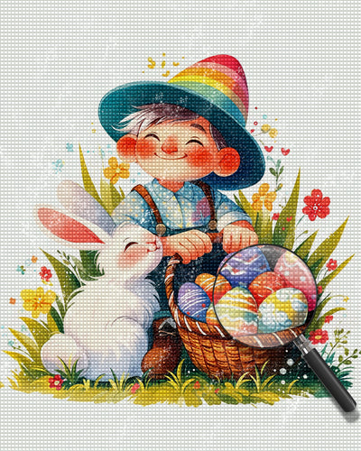 Boy, Rabbit and Easter Eggs Diamond Painting