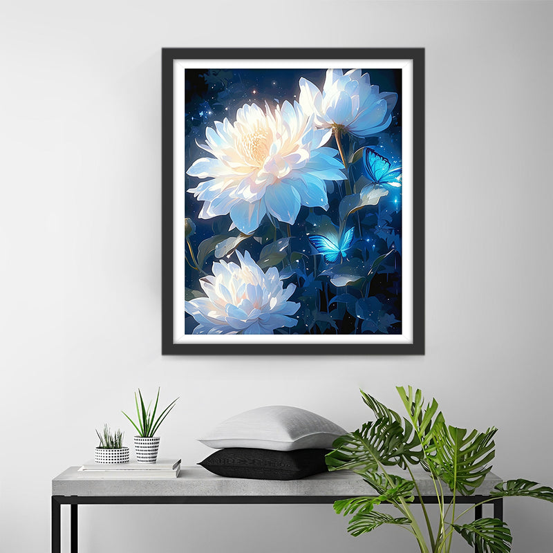 White Lotus and Blue Butterflies Diamond Painting