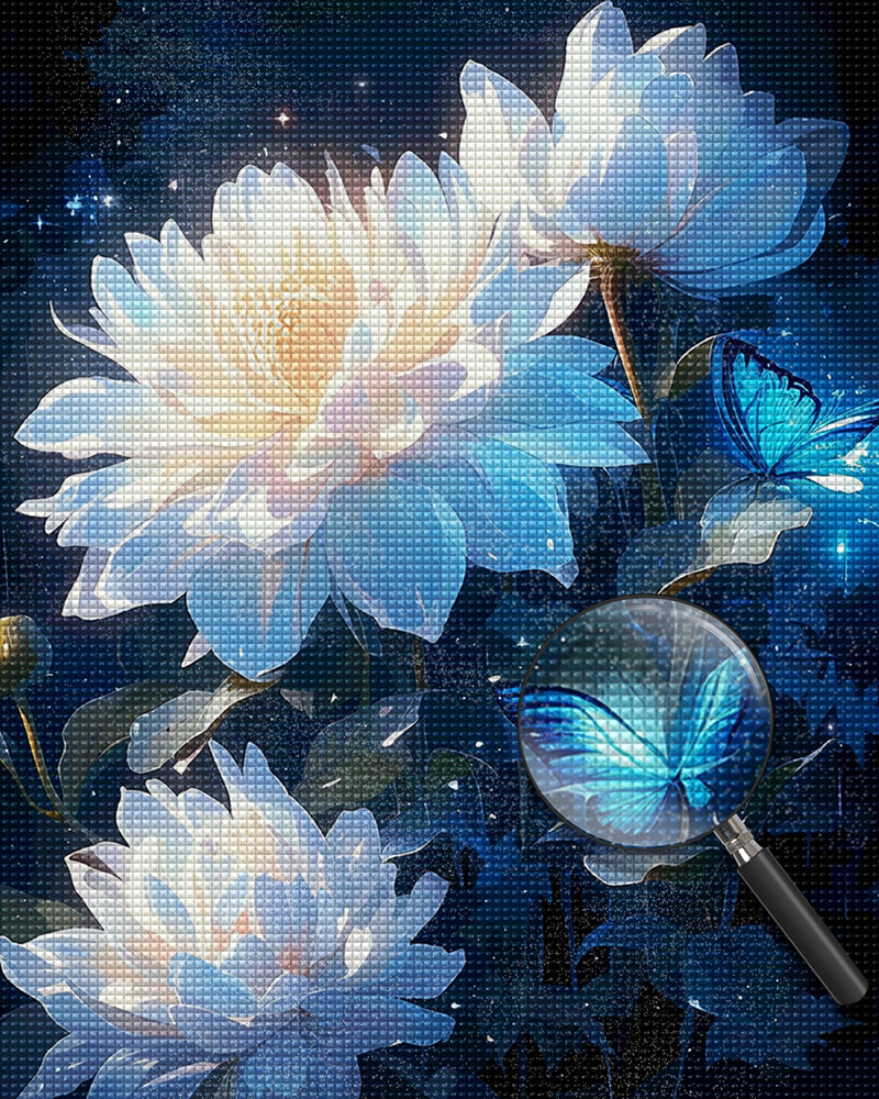 White Lotus and Blue Butterflies Diamond Painting