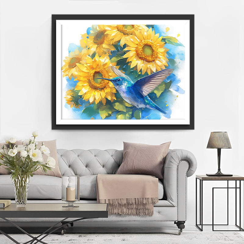 Blue Hummingbird and Sunflowers Diamond Painting