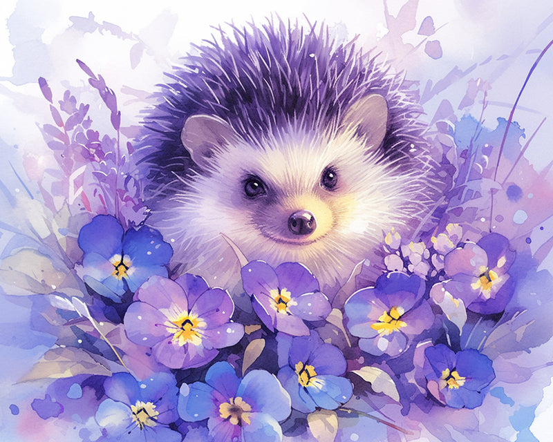 Purple Hedgehog and Flowers Diamond Painting