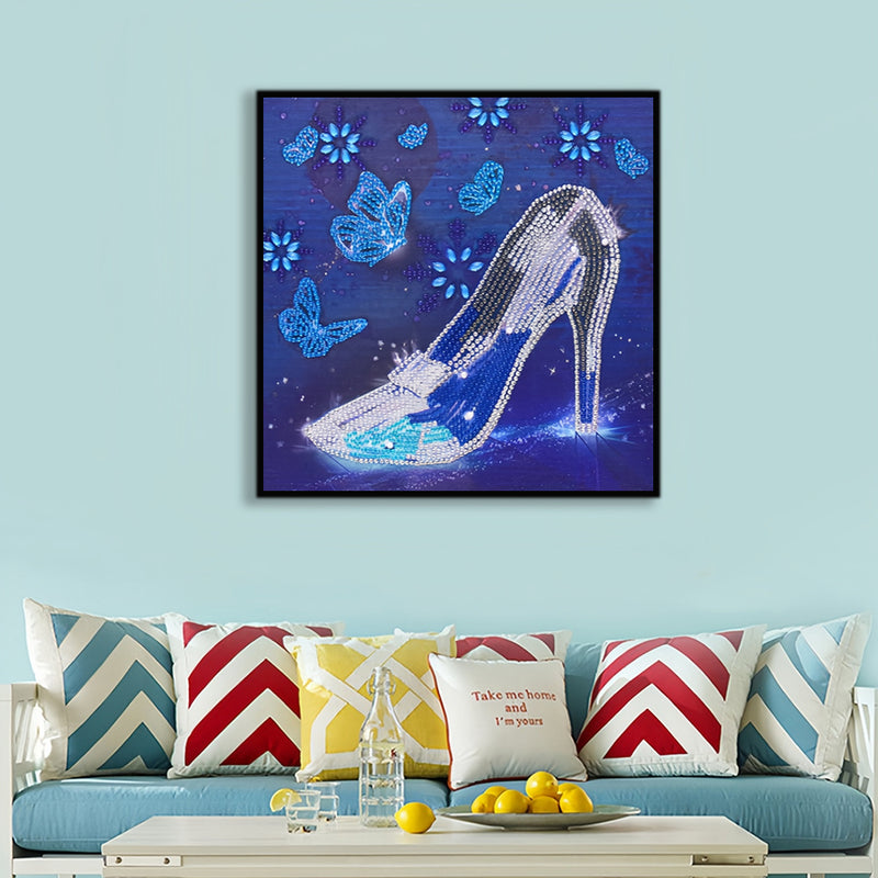 Blue Butterfly and Crystal High Heels Special Shaped Drills Diamond Painting