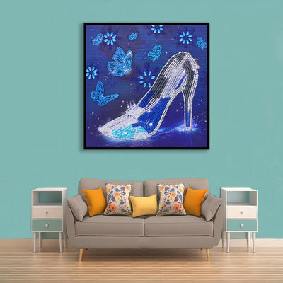 Blue Butterfly and Crystal High Heels Special Shaped Drills Diamond Painting