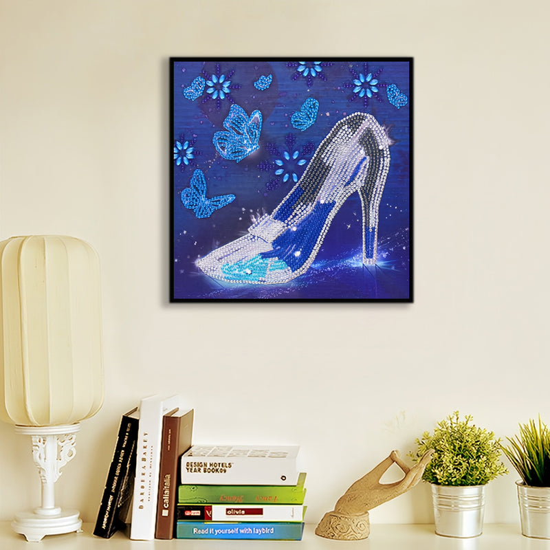 Blue Butterfly and Crystal High Heels Special Shaped Drills Diamond Painting