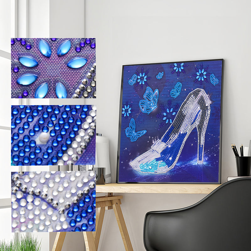 Blue Butterfly and Crystal High Heels Special Shaped Drills Diamond Painting