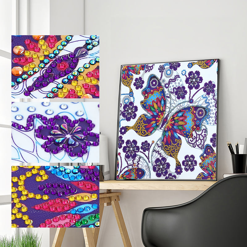 Butterfly and Purple Flowers Special Shaped Drills Diamond Painting