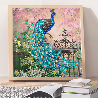 Green Peacock on the Fence Special Shaped Drills Diamond Painting