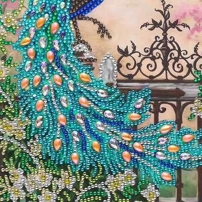 Green Peacock on the Fence Special Shaped Drills Diamond Painting