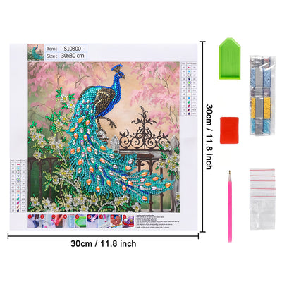 Green Peacock on the Fence Special Shaped Drills Diamond Painting