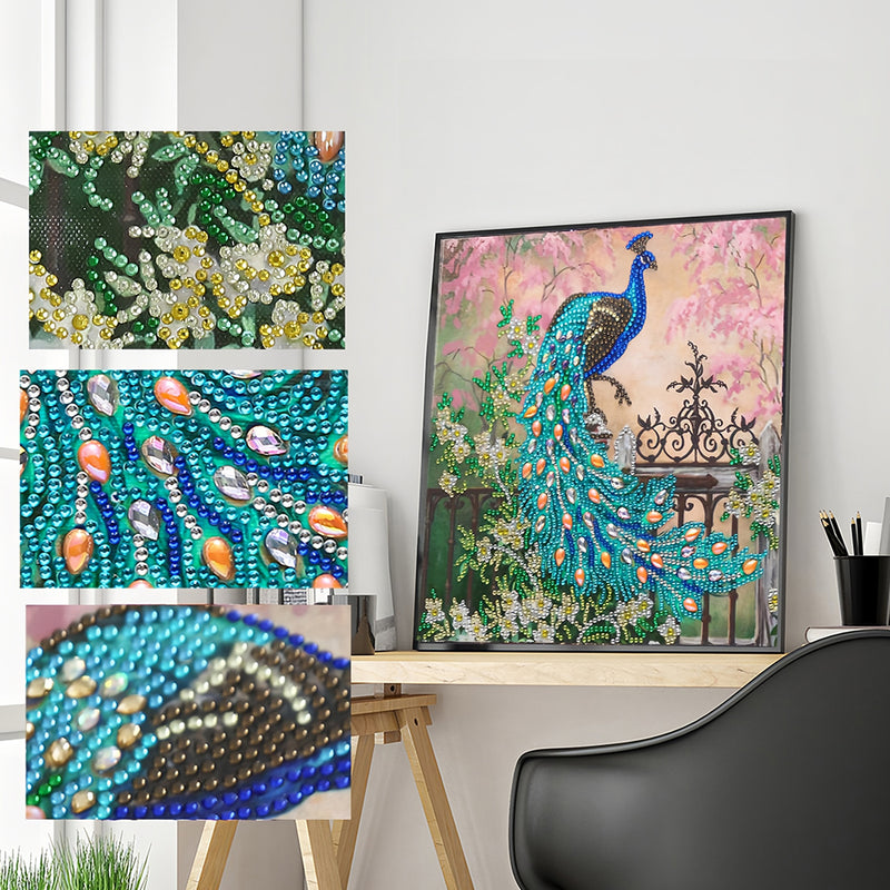 Green Peacock on the Fence Special Shaped Drills Diamond Painting