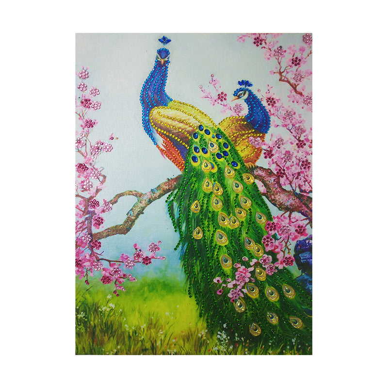 Green Peacock and Pink Flower Tree Special Shaped Drills Diamond Painting