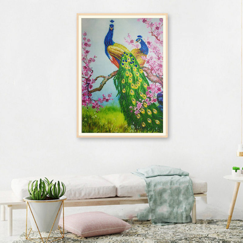 Green Peacock and Pink Flower Tree Special Shaped Drills Diamond Painting