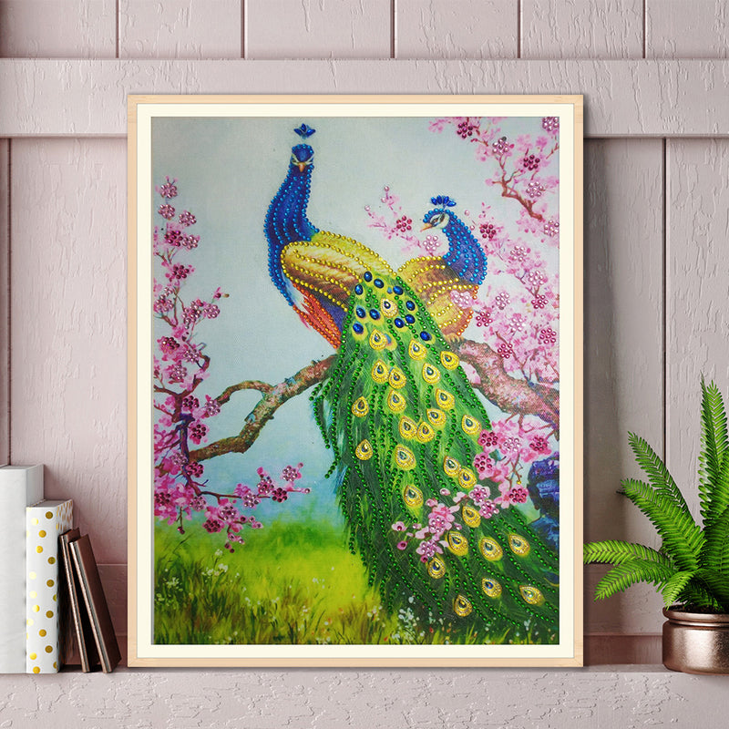 Green Peacock and Pink Flower Tree Special Shaped Drills Diamond Painting