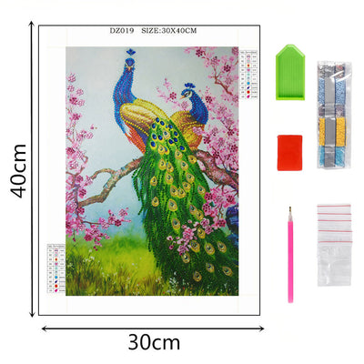 Green Peacock and Pink Flower Tree Special Shaped Drills Diamond Painting