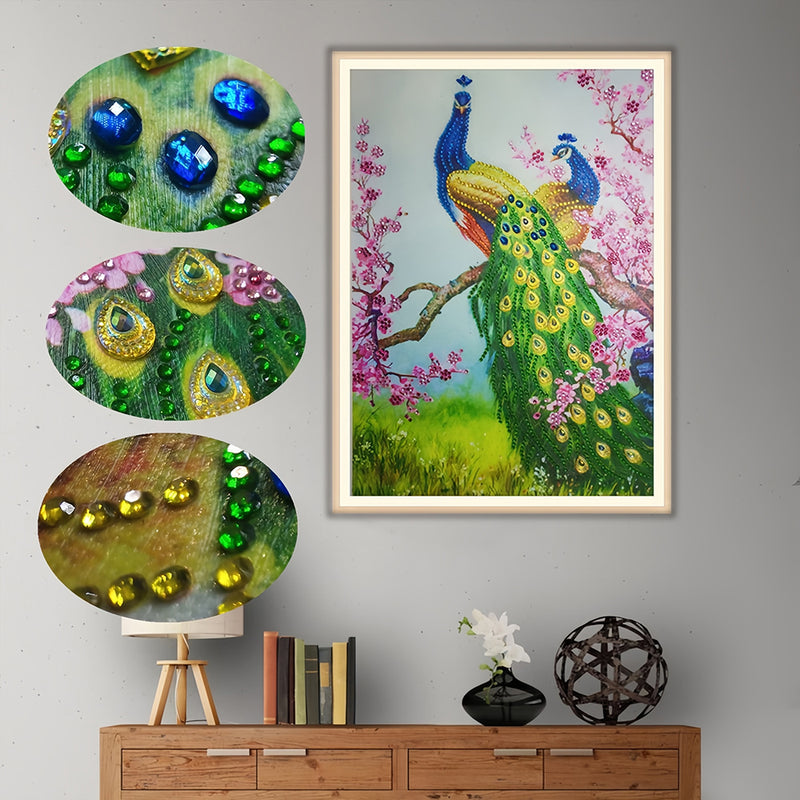 Green Peacock and Pink Flower Tree Special Shaped Drills Diamond Painting