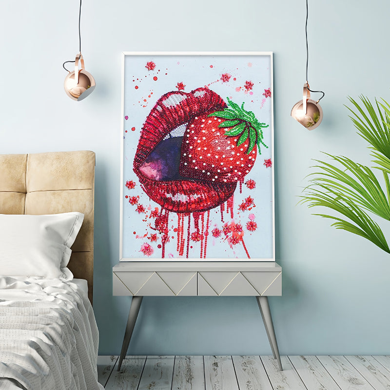 Red Lips Eating Strawberry Special Shaped Drills Diamond Painting